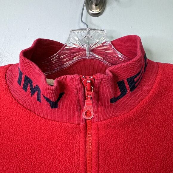 VTG Tommy Hilfiger Jeans Red Fleece 1/4 Zip Pullover Jacket Sweatshirt Mens Sz L - Picture 2 of 12